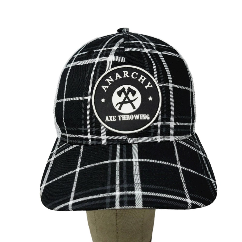 Anarchy Axe Throwing Mesh Back Snapback Hat 3D Logo Black White Plaid